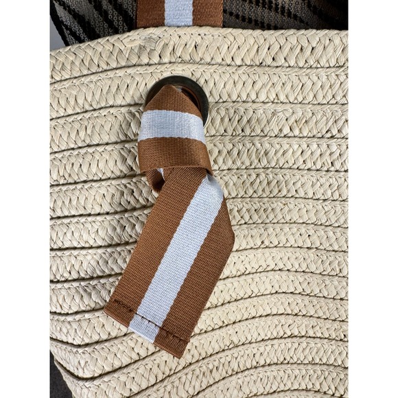 Mark & Graham Straw Tote Bag Beach Summer Tan Brown Stripe Accent - Picture 6 of 9